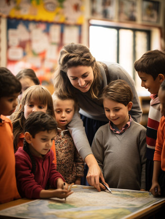 Primary students engaging in a collaborative art activity with their instructor in a classroom.の素材