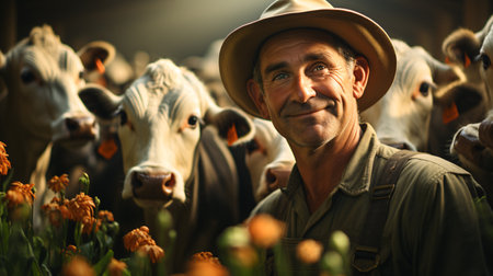 A happy rural farm boasting cows, confidence, and a contented man with a grin is pictured.の素材