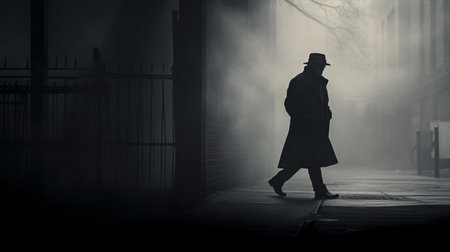 Moody monochromatic photo of a solitary person striding through misty metropolis streets, stimulating sensations of enigma and loneliness.の素材