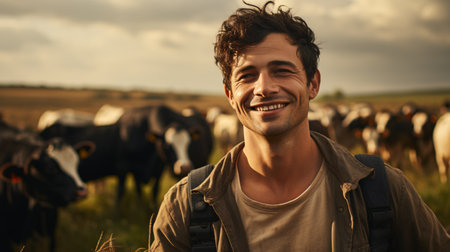 A contented farmer posing in a rural landscape teeming with cows and crops.の素材