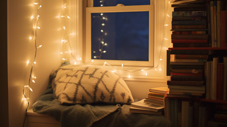 A snug, twinkling reading corner piled with tomes ideal for evoking tranquility, dreaminess, or cozy vibes.の素材