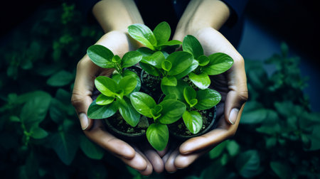 Hands clasping various greenery symbolize the synthesis of agriculture and cooperation in a environmentally-friendly enterprise.の素材