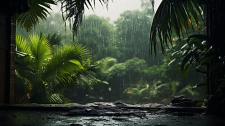 Rainfall in the tropics, during off-season or monsoon, showers the palms of a lush garden.の素材