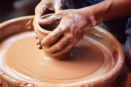 Creating clay works of art using the potter's wheel, isolated on a white backdrop.の素材
