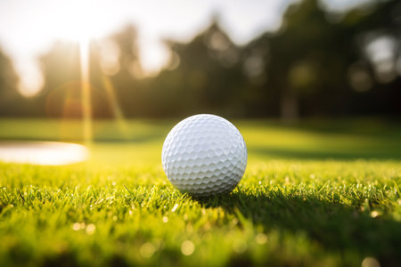 A close-up shot of a golf ball perched atop a tee, alongside a set of golf clubs, on a golf course.の素材