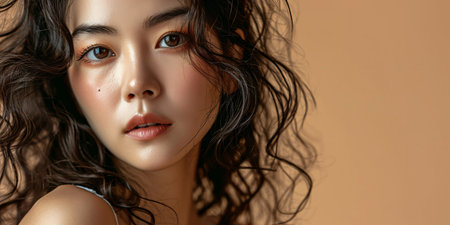 A stunning Asian woman with curly hair and flawless skin showcases copy space on her hand, highlighting her Korean-inspired makeup and facial enhancements on a beige background.の素材