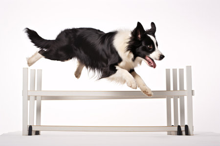 A nimble, juvenile Border Collie hopped over an obstruction against a plain backdrop.の素材