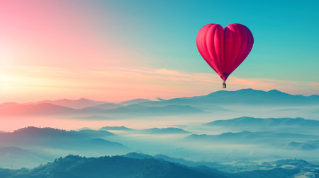 Gorgeous crimson hot air balloon heart silhouette in a sunny vibrant dawn, with misty mountains in the distance. Valentine's Day getaway with a sporty and leisurely vibe.の素材