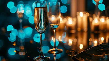 A flute of bubbly on an antique ebony surface next to a looking glass adorned with candles and azure glow.の素材