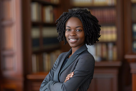 Empowered African attorney with confident leadership and legal vision working in a law firm.の素材
