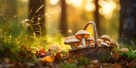 Stunning macro shot of autumnal fungi among foliage in the woods, capturing the enchanting essence of mushroom hunting.の素材