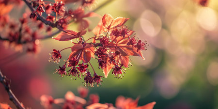 Macro shot of blooming crimson maple in the spring with out of focus backdrop.の素材