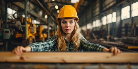 A Caucasian artisan woman operating a saw machine in a wood mill.の素材