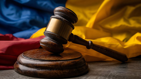 Legal proceedings and the judicial system in the nation of Ecuador, with a gavel on a banner backdrop.の素材