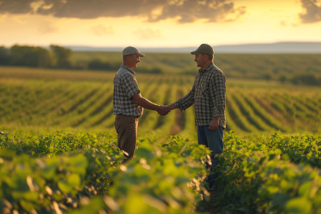 Two agriculturists in soybean field reaching an accord through a handshake.の素材