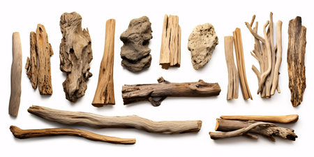 Multiple diverse driftwood on white surface. Separated. Clipped.の素材