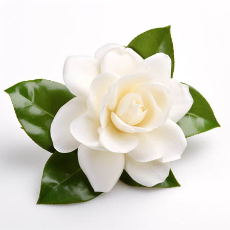 A closeup of a white-hued Gardenia amongst its leaves against a plain backdropの素材