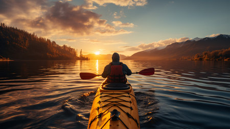 A kayaker basked in unity and harmony with Nature against a golden sunset.の素材