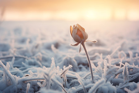 Wintry scenery with a selective focus on a frozen blossom. Winter landscape.の素材