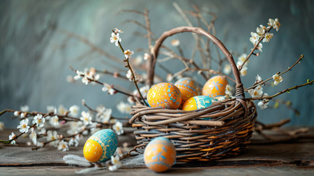 Festive Easter scene featuring eggs in a wicker basket and willow branches, perfect for sending Easter wishes.の素材