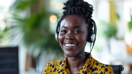 Smiling African woman working as a call center agent, using a voip headset to communicate with customers for consulting or contact, providing customer service or technical support at a help desk with headphones and a microphone.の素材