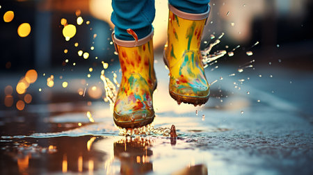 A youngster sporting yellow rain boots leaps over a pool of water during the precipitation.の素材