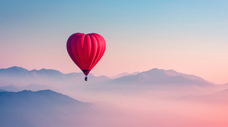 Gorgeous crimson hot air balloon heart in a bright and sunny morning sky, with hazy mountains in the backdrop. A romantic Valentine's Day adventure with a sporty and leisurely feel.の素材