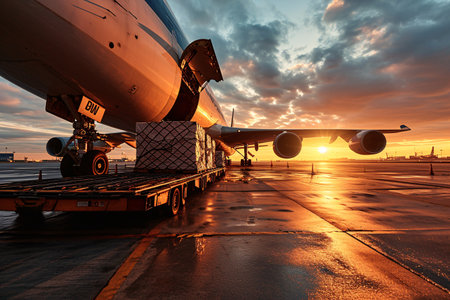 Freight containers are being loaded onto an aircraft for air transportation at the airport.の素材