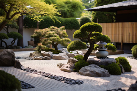 A tranquil Japanese-style garden with path-lined gravel, bonsai trees, and a reflective ambiance.の素材