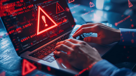 A businessman's fingers typing on a laptop with a triangular malware alert. Cyber fraud, phishing, and password theft represented.の素材