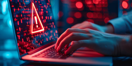 A businessman using a laptop with a triangular warning symbol for malware, representing the threat of cyber attacks and password breaches.の素材