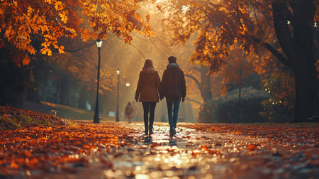 Close-up shot of youthful duo strolling through park during fall season.の素材