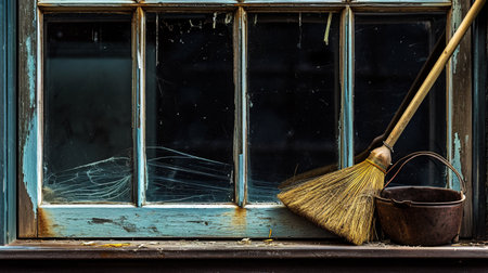 A window display featuring a broom and dust pan.の素材