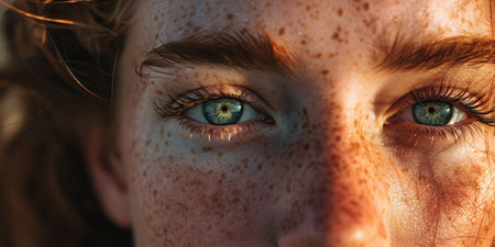 Close-up of a youthful female with freckles on her face.の素材