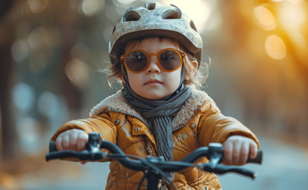 Joyful adorable child wearing shades and protective headgear riding a balance bike during morning workout.の素材