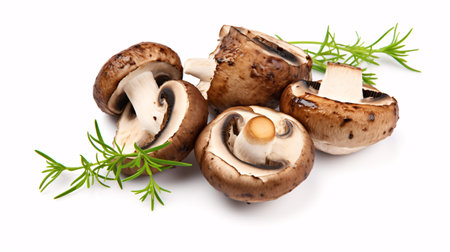 Grilled mushrooms, ready to consume, sitting on a white backdrop.の素材