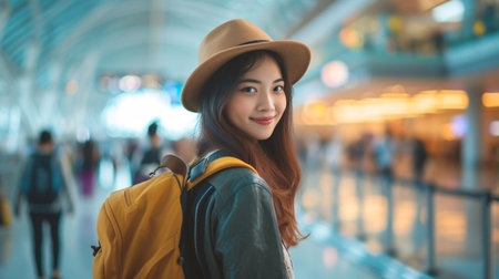 Cheerful appealing Asian female traveler with backpack at contemporary airport terminal, blank area. Idea of vacation adventure.の素材