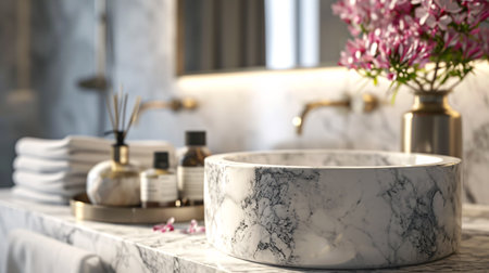 Display luxurious bathing products on a blurred bathroom backdrop with a marble stand.の素材