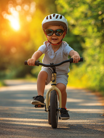 A joyful and adorable child wears shades and protective gear while riding a balance bike in the morning.の素材