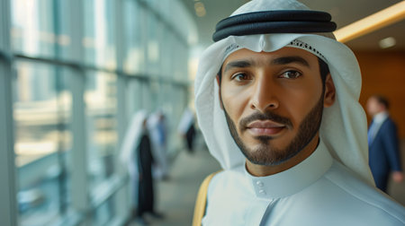 Emirati executive in traditional attire observing Middle Eastern corporate setting with coworkers in the background.の素材