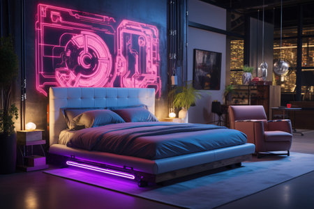 Chic bedroom with vibrant neon lights. Interior design.の素材