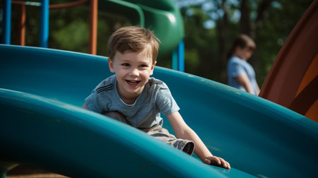 Joyful toddler male having fun on a slide at the park during summertime.の素材