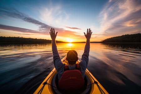 He kayaked, basking in the tranquil, sun-kissed landscape.の素材