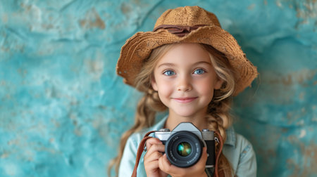Young girl holding camera.の素材