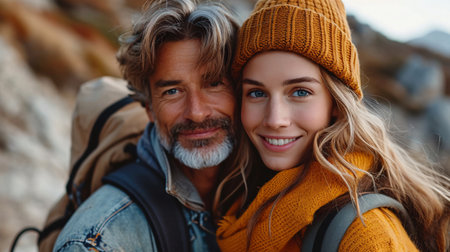 A Caucasian pair enjoying a weekend getaway in the sun, with the man carrying the red-haired woman on his back.の素材