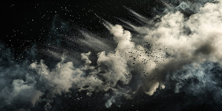 Organic dust particles drift in the atmosphere against a dark backdrop.の素材