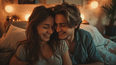 Adoring all aspects of her. Attractive young pair connecting and grinning in the boudoir.の素材