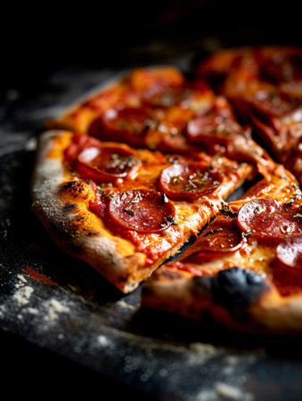 Charcoal-baked pepperoni pizza on a dark background with professional lighting, representing food delivery and advanced AI technology.の素材