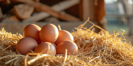 Close-up capture of tan eggs in straw nest on poultry farm.の素材