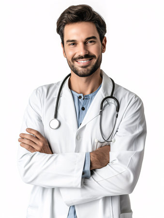 Male physician wearing a white lab coat and stethoscope grins with healthy test outcomes, facing the camera against a blank white backdrop with room for text.の素材